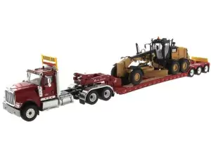 Marketplace : INTERNATIONAL HX520 6x4 + remorque porte engins XL120 avec niveuleuse CATERPILLAR 12M3 - Diecast Masters - 1:50